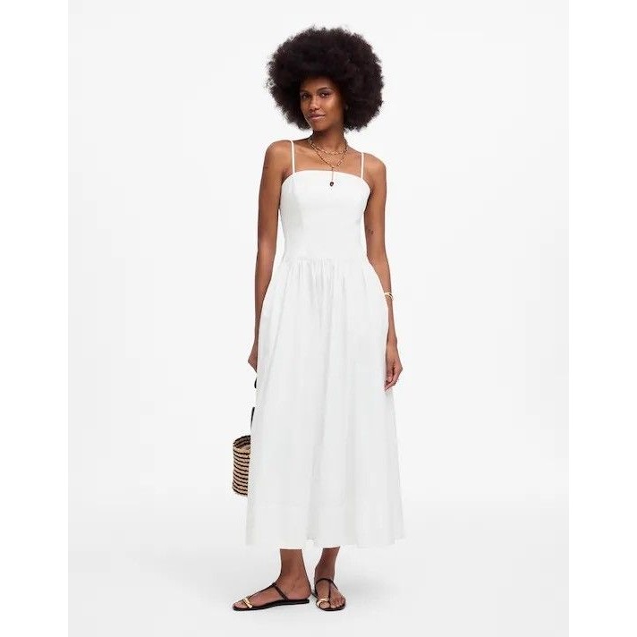 Madewell Poplin Seamed Maxi Dress 10 Reg Fit White Cotton Square Neck New B53